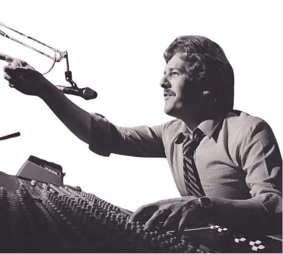 Barrie Noel Evans at the studio desk in 1977